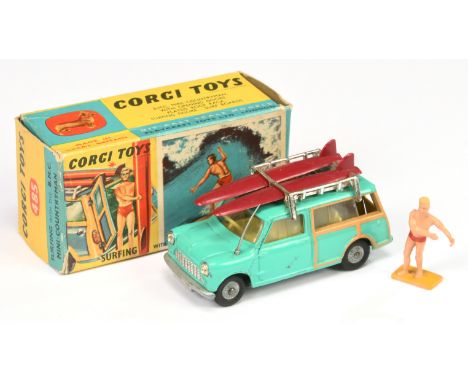 Corgi Toys 485 BMC MINI Countryman "Surfing" - turquoise body, deep lemon interior, silver trim, chrome rack with 2 x maroon 