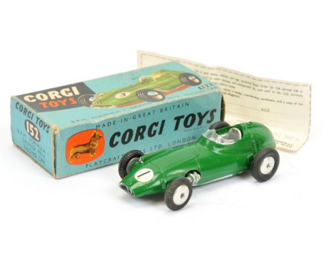 Corgi Toys 152 BRM Formula 1 "Grand Prix" Racing Car - green, silver interior and trim, flat spun hubs and racing No.1 - Exce