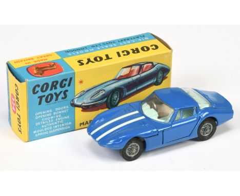 Corgi Toys 324 Marcos 1800 GT - blue body, and white stripes light blue interior with figure driver, white bonnet stripes, wi