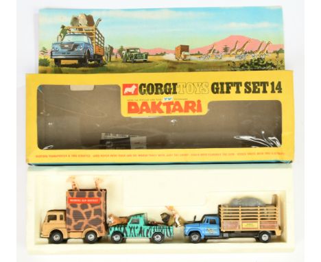 Corgi toys GS14 Gift Set "Daktari" - 3-piece to include - Land Rover green body with black stripes and spun hubs - Bedford TK