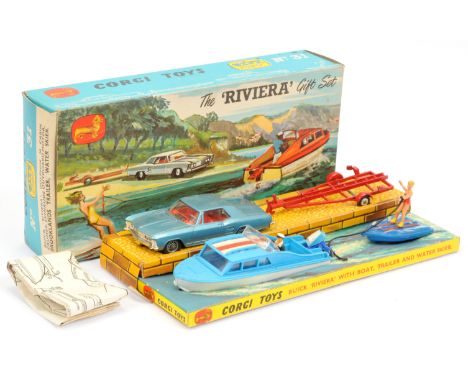 Corgi Toys GS31 Gift Set "Riviera" to include - Buick Riviera - Darker steel blue body, red interior, chrome trim, cast hubs,