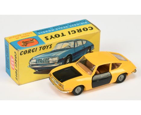 Corgi Toys 332 Lancia Fulvia Sport Zagato - yellow body with black doors and bonnet, tan interior, chrome trim and cast hubs 