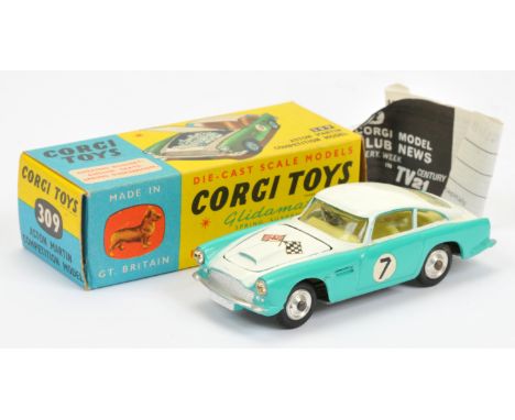 Corgi Toys 309 Aston Martin DB4 "Competition Model" - two-tone white and turquoise, lemon interior, open vent, spun hubs, rac