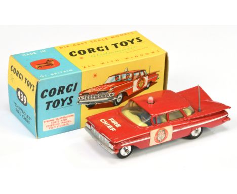 Corgi Toys 436 Chevrolet Impala "Fire Chief" Car - red body, lemon interior with figures, silver trim and side flashes, aeria