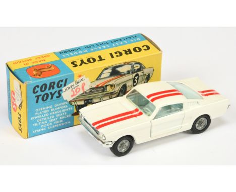 Corgi Toys 325 Ford Mustang Fastback "Competition Model" - white body with red stripes, pale blue interior, chrome trim and c