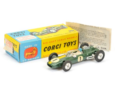 Corgi Toys 155 Lotus Climax Formula 1 Racing Car - green body, figure driver, spun hubs and yellow racing No.1 Stripe and sid