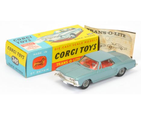 Corgi Toys 245 Buick Riviera - blue-turquoise body unusual colour variation, red interior, wire hubs, chrome trim, grey plast