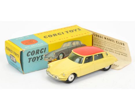 Corgi Toys 210 Citroen DS10 - yellow body with red roof, silver trim and flat spun hubs - Good Plus to Excellent lovely brigh