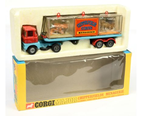 Corgi Toys 1139 "Chipperfields Circus" Scammell Handyman "Menagerie" - blue, red including interior, cast hubs, 3 x animal ca