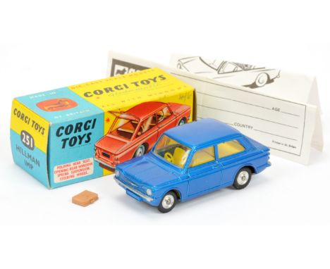 Corgi Toys 251 Hillman Imp - blue body. yellow interior, silver trim, spun hubs and luggage case - Near Mint in a Excellent b