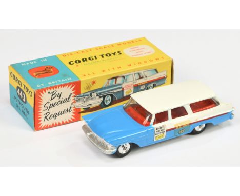 Corgi Toys 443 Plymouth Sports Suburban Station Wagon "US Mail" - two-tone blue and white with red side flashes and interior,