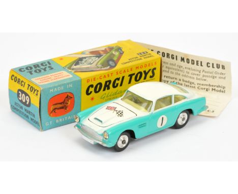 Corgi Toys 309 Aston Martin DB4 "Competition Model" - two-tone white and turquoise, lemon interior, open vent, spun hubs, rac