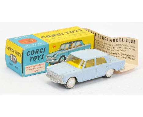 Corgi Toys 217 Fiat 1800 - light sky blue including roof, yellow interior, silver trim flat spun hubs ( accessory decals appl