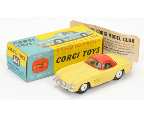 Corgi Toys 304 Mercedes 300SL Hardtop Roadster - yellow body with red hood,, silver trim and flat spun hubs - Excellent Plus 