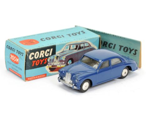 Corgi Toys 205M Riley Pathfinder Saloon - dark blue body, silver trim, mechanical motor and flat spun hubs -Excellent (some s