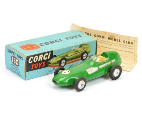 Corgi Toys 150 Vanwall Formula 1 "Grand Prix" Racing car - green body, pale yellow interior, silver trim, Flat spun hubs, rac