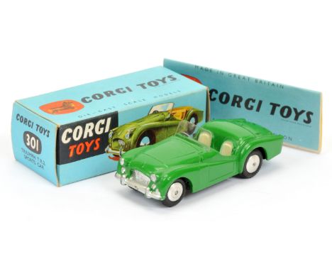 Corgi Toys 301 Triumph TR2 Sports Car - green body, cream seats, silver trim and flat spun hubs - Good Plus to Excellent Plus