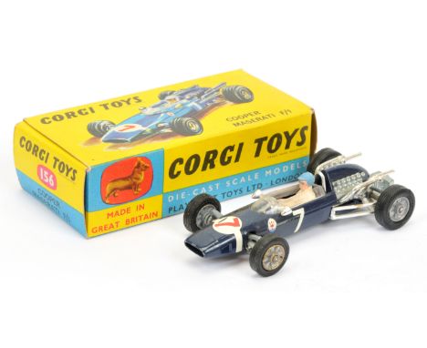 Corgi Toys 156 Cooper Maserati Formula 1 Racing Car - dark blue body and base, figure driver, cast hubs and racing No.7 Good 