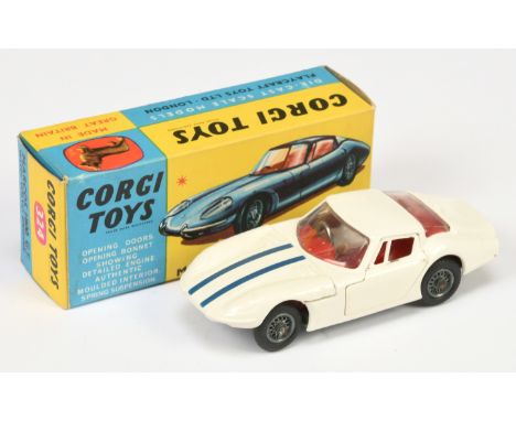 Corgi Toys 324 Marcos 1800 GT - white body, red interior with figure driver, dark blue bonnet stripes, wire wheels and racing