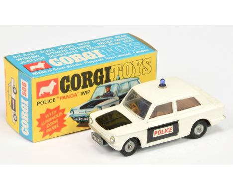 Corgi Toys 506 Sunbeam Imp "Police" Car - white body with black bonnet, brown interior with figure, silver trim, small blue r