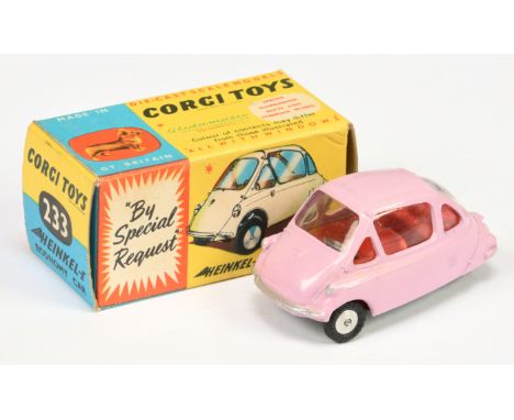 Corgi Toys 233 Heinkel Economy Car - deep pink body, red interior, silver trim and flat spun hubs - Excellent Plus including 