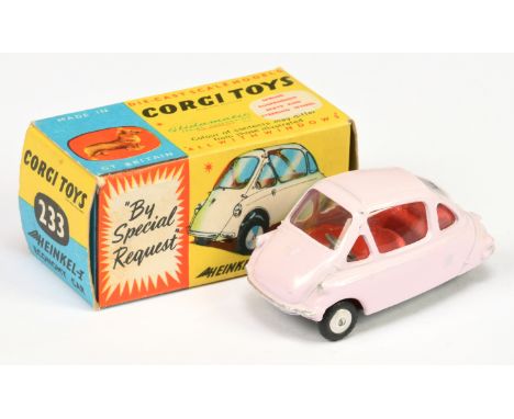 Corgi Toys 233 Heinkel Economy Car - pale pink body (harder to find colour) red interior, silver trim and flat spun hubs - Ex