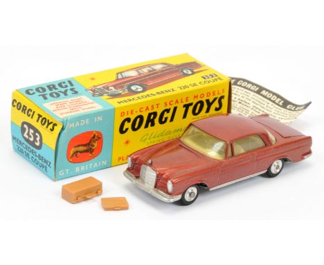 Corgi Toys 253 Mercedes 220SE Coupe - drab metallic cerise body (possible some light fading), lemon interior, silver trim, sp