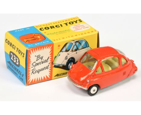 Corgi Toys 233 Heinkel Economy Car - light red body lemon interior, silver trim and flat spun hubs - Good Plus in a Near Mint