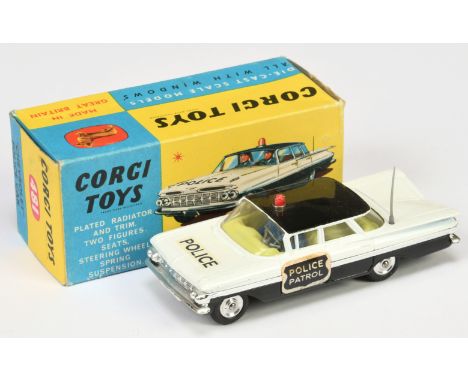 Corgi Toys 481 Chevrolet Impala "Police Patrol" Car - two-tone white and black, chrome trim and side flashes, lemon interior 