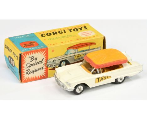 Corgi Toys 430 Ford Thunderbird "Bermuda Taxi" - off white body with silver and yellow interior with figure driver, yellow an