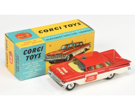 Corgi Toys 436 Chevrolet Impala "Fire Chief" Car - two-tone red and white body, lemon interior with figures, silver trim and 