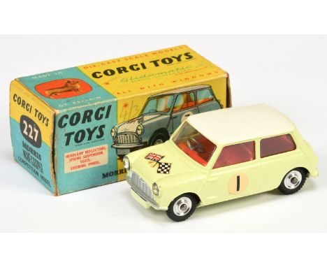 Corgi Toys 227 Morris Mini Cooper "Competition Model" - pale yellow (primrose) body and bonnet with white roof, red interior,