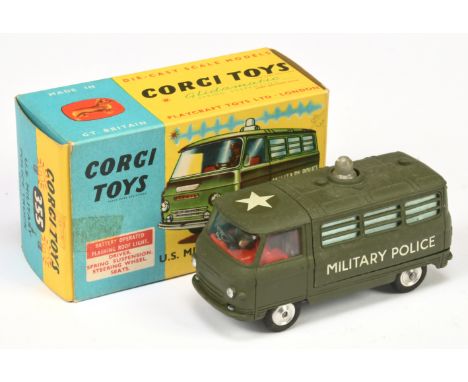 Corgi Toys 355 Commer "Military Police" - green, pale blue rear windows, clear roof light, red interior, and spun hubs - Exce