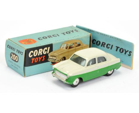 Corgi Toys 200 Ford Consul Saloon - two-tone pale grey over green, silver trim and flat spun hubs - Excellent (couple of smal