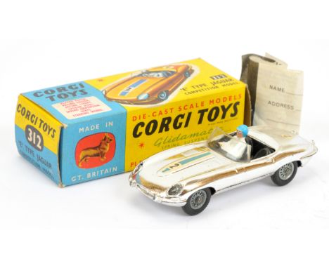 Corgi Toys 312 Jaguar E-Type "Completion Model" - chrome plated, black interior with figure driver, wire wheels and Racing No