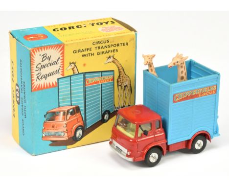 Corgi toys 487 "Chipperfields Circus" Bedford TK Giraffe Transporter - red cab and chassis, blue plastic back, lemon interior