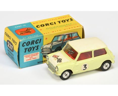 Corgi Toys 227 Morris Mini Cooper "Competition Model" - pale yellow (primrose) body with white roof and bonnet, red interior,