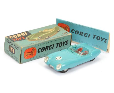 Corgi Toys 151 Lotus Mark 11 Le Mans Racing Car - drab light blue, red seats, silver trim, flat spun hubs and racing No.3 - E