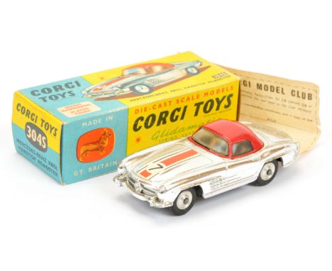 Corgi Toys 304S Mercedes 300SL Open Roadster "Competition Model" - chrome plated body with red hood, racing No.7 and spun hub