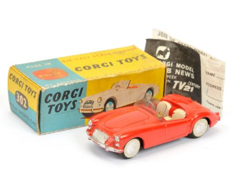 Corgi Toys 302 MGA Sports Car - red body, cream seats, silver trim and flat spun hubs - Good Plus to Excellent (accessories a