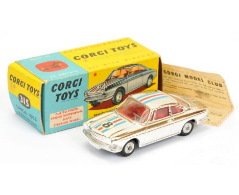 Corgi Toys 315 Simca 1500 "Competition Model" - chrome plated body, red interior, spun hubs and racing No.8 stripes - Good Pl