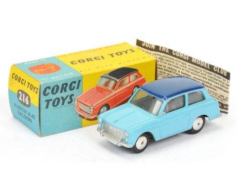 Corgi Toys 216 Austin A40 - light blue with dark blue roof,, silver trim and flat spun hubs - Excellent Plus in a Good Plus t