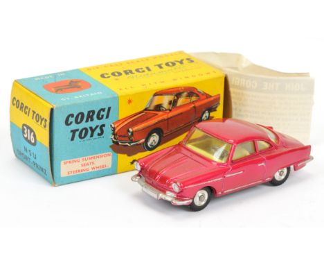 Corgi Toys 316 NSU Sport Prinz - metallic cerise, lemon interior, silver trim and spun hubs - Excellent Plus in a Good Plus t