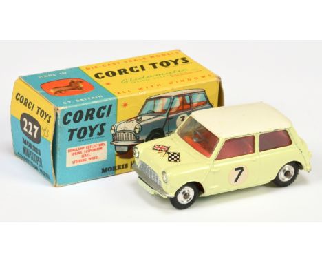 Corgi Toys 227 Morris Mini Cooper "Competition Model" - pale yellow (primrose) body including bonnet with white roof, red int