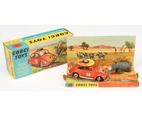 Corgi Toys 256 Volkswagen 1200 Saloon "East African Safari" - orange body, brown (RHD) interior, chrome trim, spun hubs and r