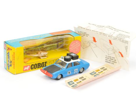 Corgi Toys 302 Hillman Hunter "London to Sydney Marathon Winner" - blue body with white roof and black bonnet, grey interior,