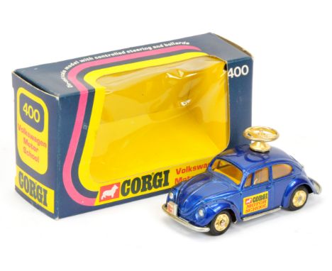 Corgi Toys 400 Volkswagen 1200 "Motor School" Car - blue body, yellow interior, gold cast hubs and roof steering wheel - Exce