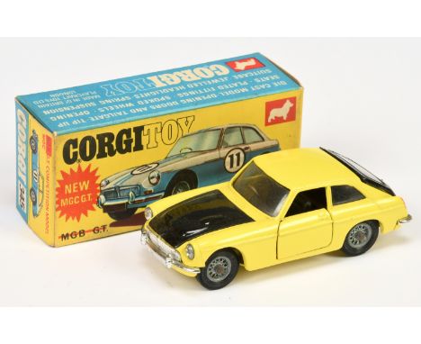 Corgi Toys 345 MGC GT "Competition Model" - yellow body with black bonnet, rear hatch and interior, chrome trim, wire wheels,