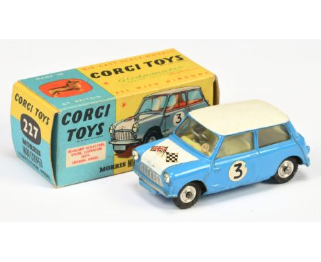 Corgi Toys 227 Morris Mini Cooper "Competition Model" - blue body with white roof and bonnet, lemon interior, silver trim, sp