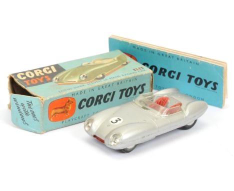 Corgi Toys 151 Lotus Mark 11 Le Mans Racing Car - silver, red seats and trim, flat spun hubs&nbsp; and racing No.3 -Good Plus